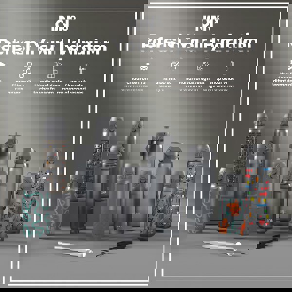 Several ION8 water bottles, various sizes and designs, are displayed on a grey surface; marketing materials highlight material choices, sizing, designs, and accessories.