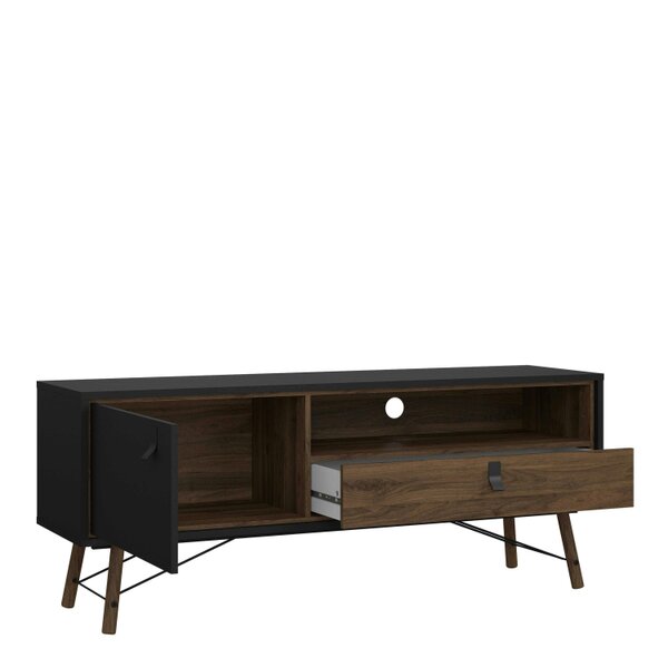 Wyld Haus Juno Black and Walnut Wood TV Unit 1 Door 1 Drawer and Open Shelf