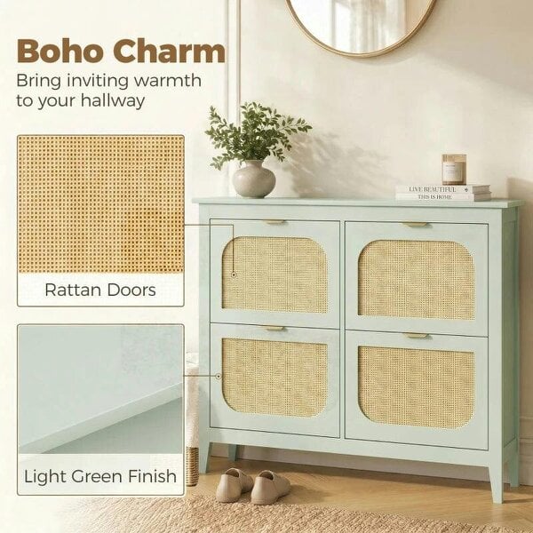 Bobobiy Narrow Shoe Cabinet, Boho Slim Shoe Storage Cabinet with 4 Flip Drawers, Holds 20 Pairs, Light Green