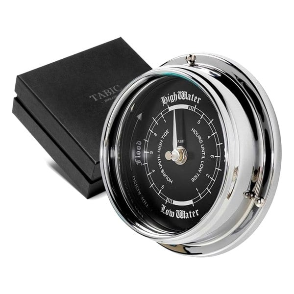 Tabic Handmade Prestige Tide Clock in Chrome With A Jet Black Dial created with a mirrored backdrop