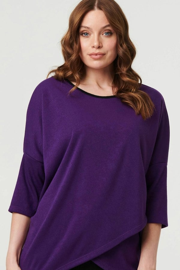 Purple | Asymmetric Zip Hem 3/4 Sleeve Tunic Top
