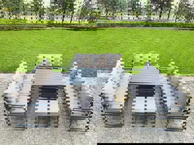 Fimous 11 Seater Aluminium Garden Furniture Set with Adjustable Rising Dining Table, 2 Footstools - Dark Grey