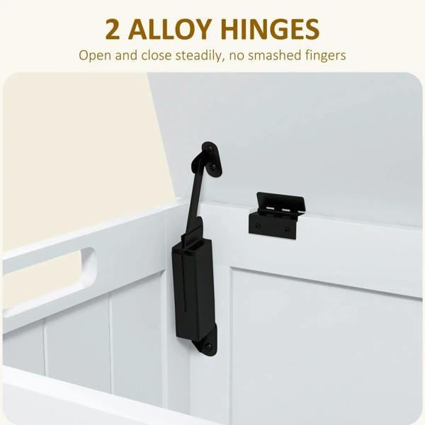 White storage chest hinge detail with black hinge hardware on lid