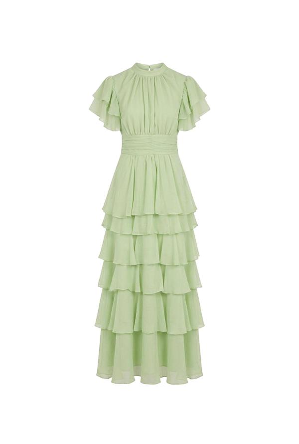 Green Tiered Ruffle Maxi Dress with cascading tiered skirt – product view