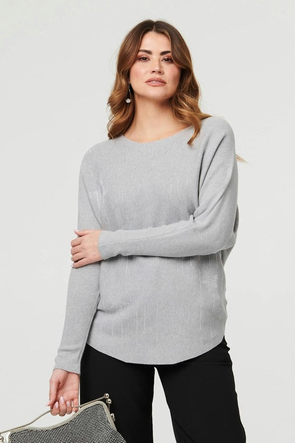 Grey | Sparkly Star Front Batwing Sleeve Jumper
