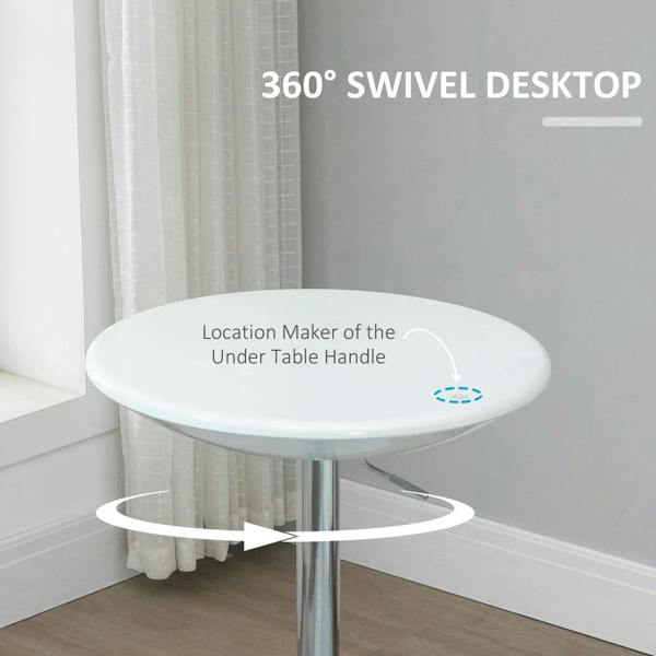 White round bar table with under-table swivel ring and silver pedestal leg