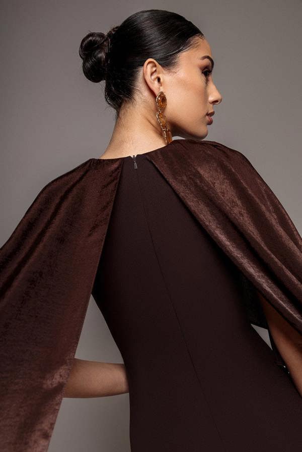 Goddiva Scoop Neck Velvet Satin Cape Sleeve Maxi Dress - Brown DR5074