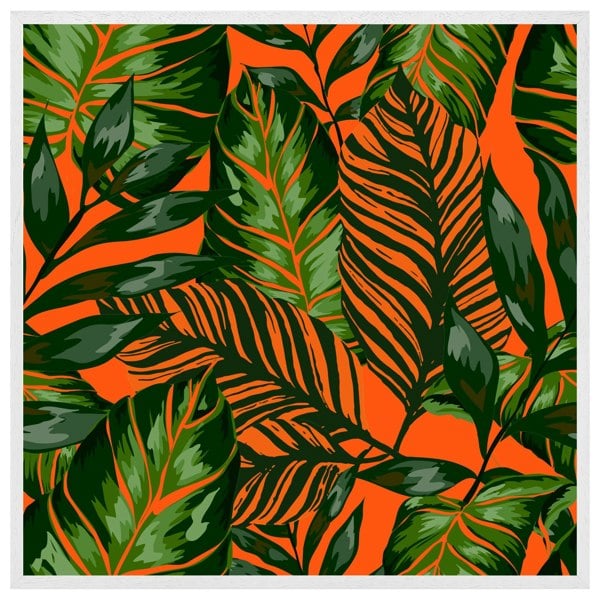 Benjamin Tate Design Green tropical leaves on orange (Picture Frame)