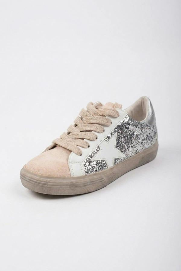 Tatum Glitter Star Detail Lace Up Trainers - Silver