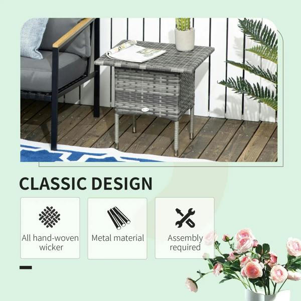 Grey woven outdoor side table with square top and sturdy metal legs