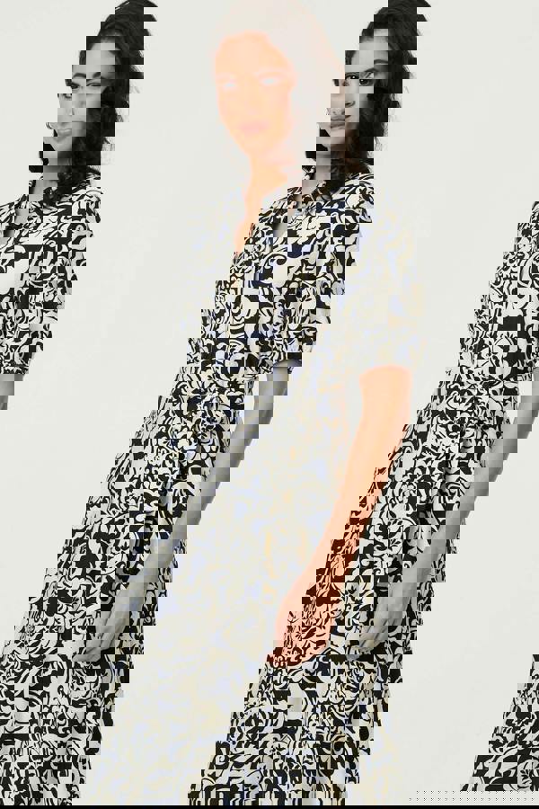 Navy | Printed 1/2 Puff Sleeve Midi Shirt Dress
