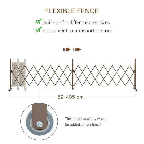 Dark brown flexible trellis fence with diamond lattice and middle auxiliary wheel