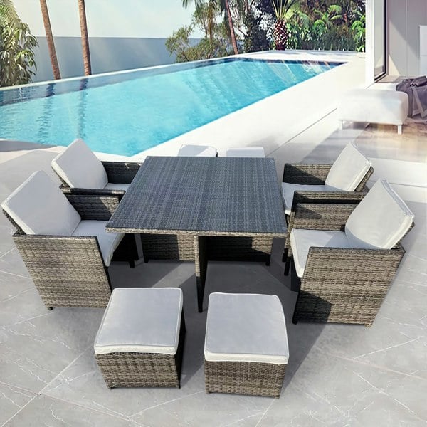 Furniture One 8 Seater Rattan Garden Furniture Set, 9 Piece Dining Table Set with Soft Cushion, Tempered Glass Top Table, Stools & Waterproof Cover