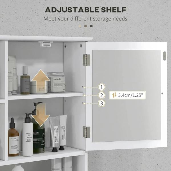 White bathroom cabinet with mirrored door and adjustable interior shelf with toiletries
