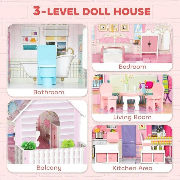 Dolls House, 6 Rooms Modern Dollhouse with LED Lights, 8 Furniture Pieces, 3-Level Playhouse Gift for Kids 3-6 Years
