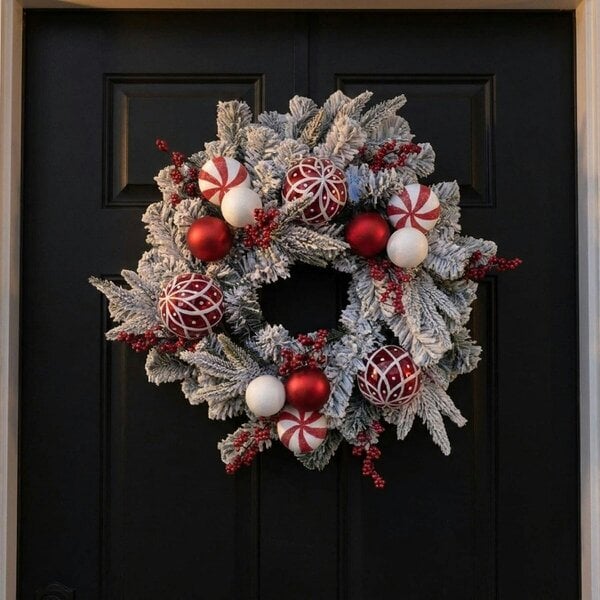 Garden Greatness Snowy Wreath with Berries and Red and White Baubles