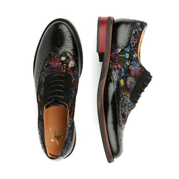 Embassy London Vivienne - Black Flower - Women's almond toe lace up leather oxfords with broguing
