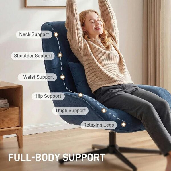 Accent Chair, Chenille Upholstered Swivel Armchair with Lumbar Pillow, High Back, Deep Seat and Metal Legs, Dark Blue
