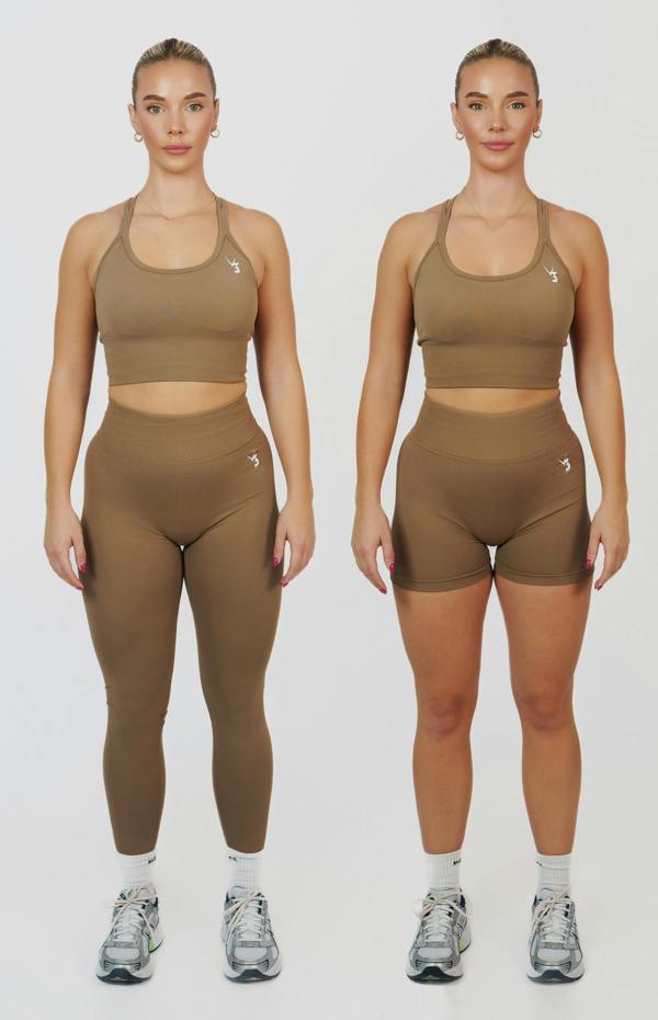 V3 Apparel Form Seamless Scrunch Sports Bra, Leggings & Shorts Set - Cocoa Beige
