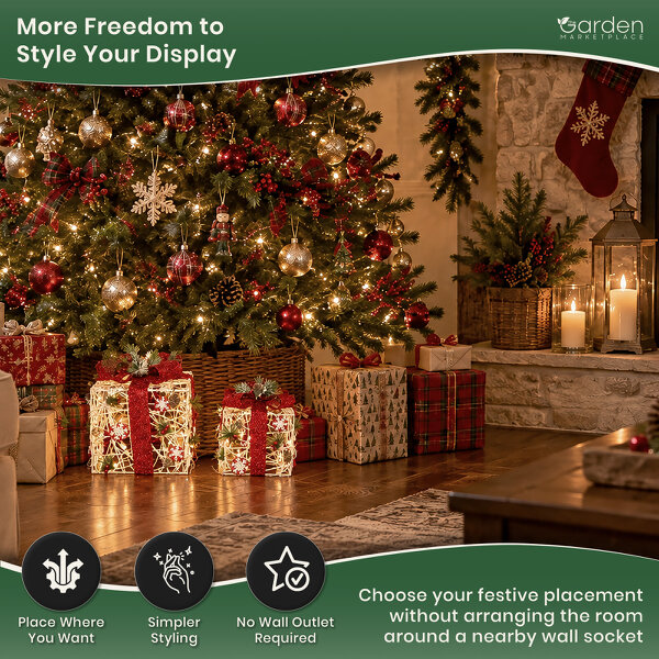 Set of 2 Light-Up White Rattan Christmas Parcels with Red Bows, 25 White LED Lights, Battery Powered Festive Decoration