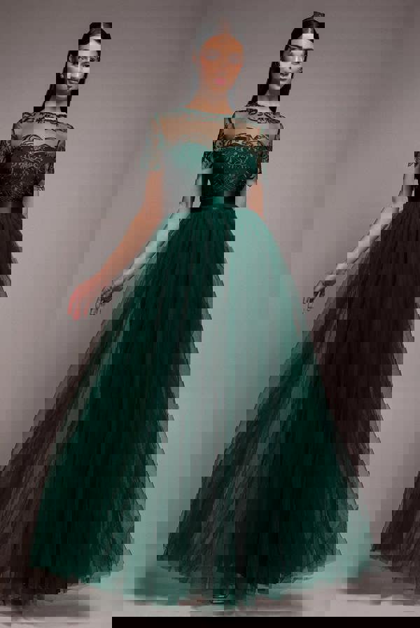 Embroidered Mesh Maxi Dress - Emerald Green DR3584