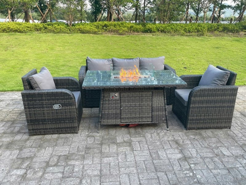 Fimous Dark Mixed Grey Rattan Outdoor Garden Furniture Gas Fire Pit Table Gas Heater Sets Lounge Sofa Reclining Adjustable Chairs 5 Seater