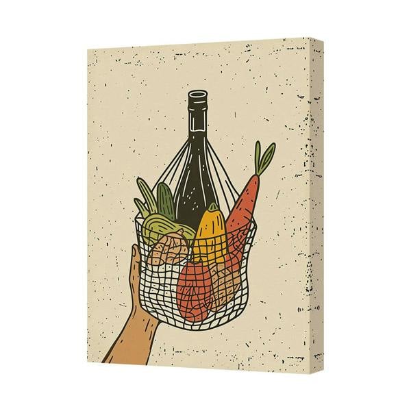 Benjamin Tate Design Contemporary Canvas Wall Art Print Basket Of Vegetables And Wine Bottle