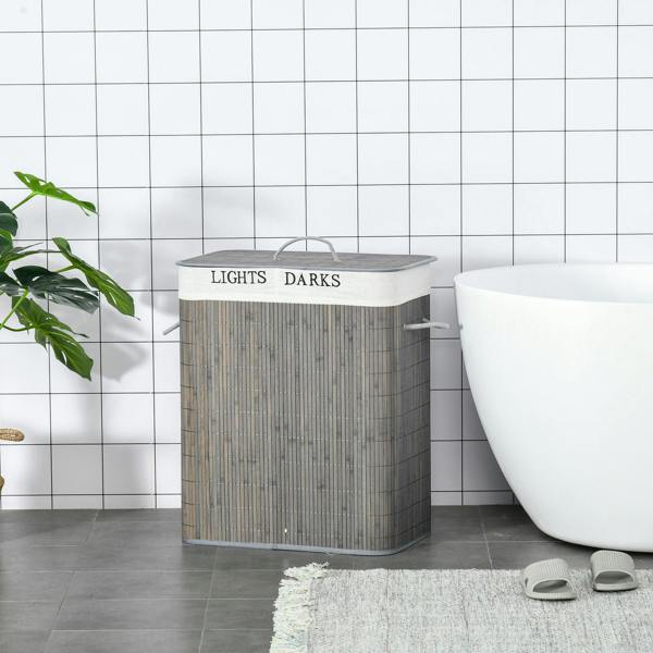 HOMCOM 2 Section Collapsible Laundry Hamper Lid Removable Lining - Grey