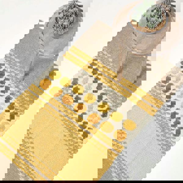 HOMESCAPES Modern Cotton Rug Grey Yellow Chenille Striped Hand Tufted Circles