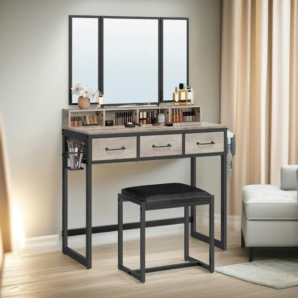 Rafaelo Mobilia 3 Drawer Dressing Table With Mirror And Stool Greige