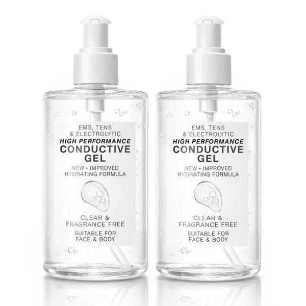 Two clear 250ml pump bottles of Rio’s EMS, TENS, Electrolytic and Micro-Current Toning Conductive Gel stand side by side on a white background. The bottles are labeled Clear & Fragrance Free, suitable for face and body use.
