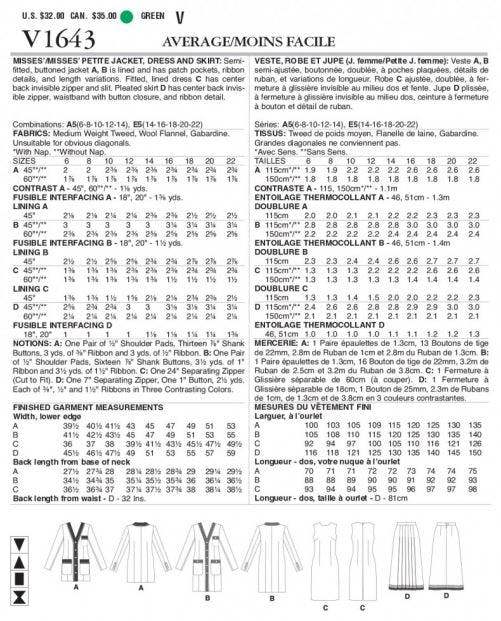 Vogue Sewing Pattern 1643, Jackets, Dresses, Skirts for Women, A5 (6-8-10-12-14) - Intermediate