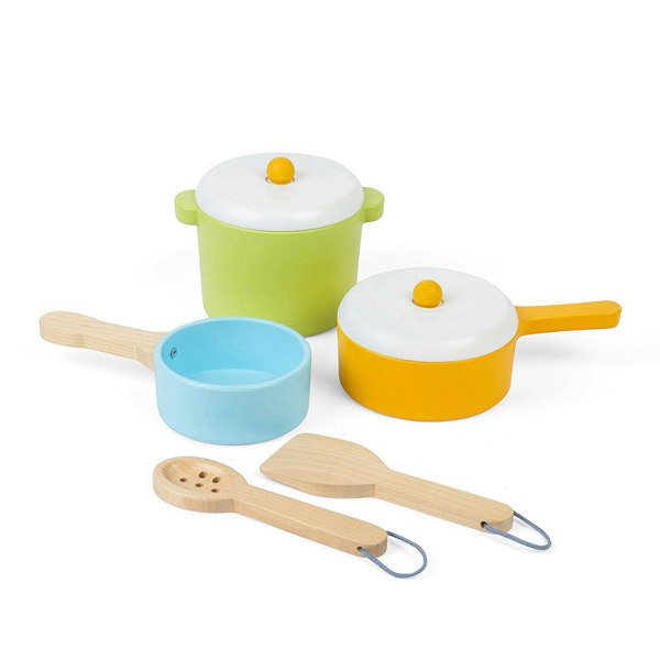 Bigjigs Toys Wooden Pots & Pans Set - Includes 3 Pots, 2 Lids And 2 Cooking Utensils