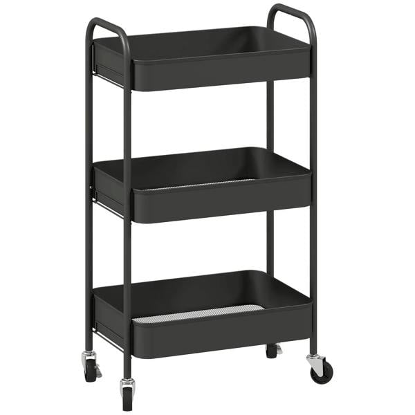 Three-tier black steel storage trolley with three open shelves and four caster wheels