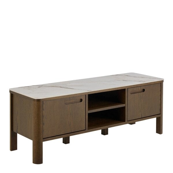 Wyld Haus Cork Oak Veneer TV Unit with Cream Ceramic Top 2 Drawers 2 Shelves