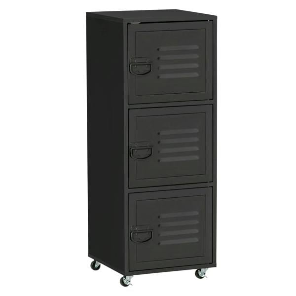 3-tier mobile file cabinet with louvered metal doors, black, on swivel casters.