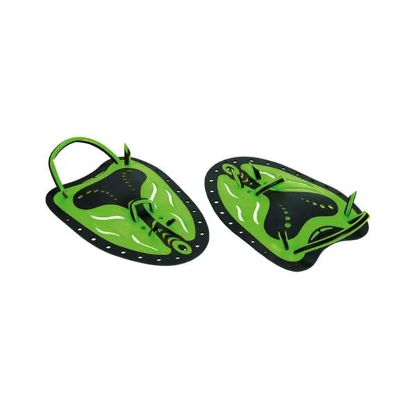 Aquafeel ergonomic hand paddles with green black swim fin adjustable elastic straps