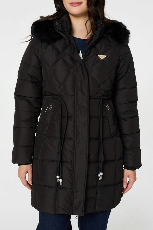Black | Faux Fur Hooded Padded Longline Coat
