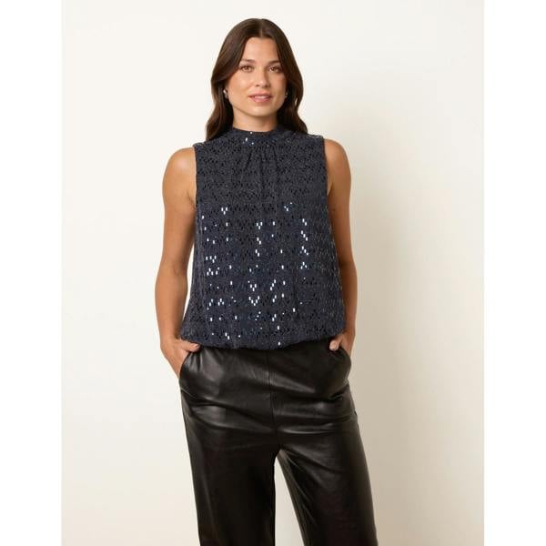 Blue Vanilla High Neck Metallic Puff Ball Blouse