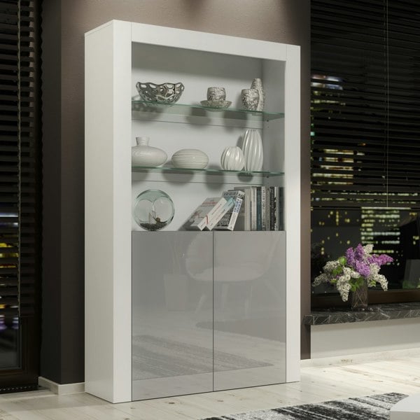 Mex Furniture Tall Display Cabinet 170cm White Matt Body and Grey Gloss Doors – Modern Open Shelving Unit