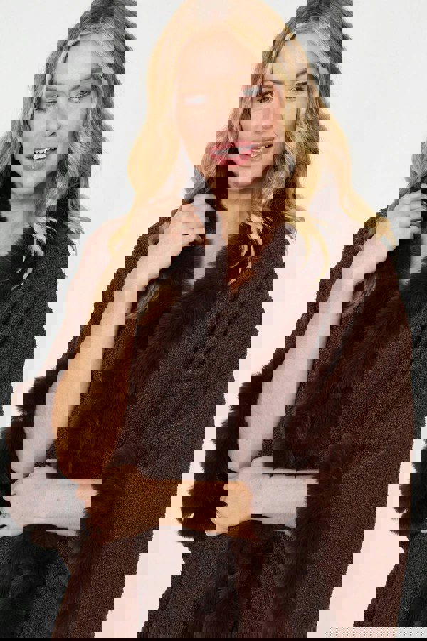 Brown | Faux Fur Trim 3/4 Sleeve Poncho
