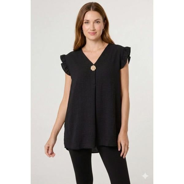 Blue Vanilla Gold Button Detail Frill Top