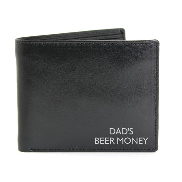 A bifold black leather wallet with custom text on a white background.