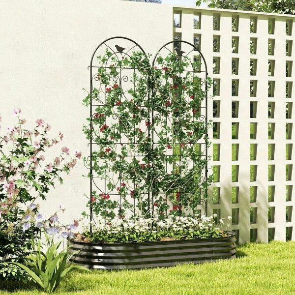 Set of 2 Garden Trellis, Metal Fence Panels for Climbing Outdoor Plants, Flowers, 180 x 50cm - Black
