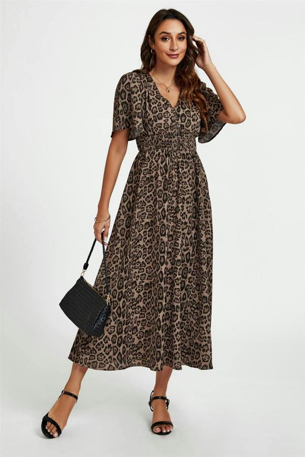 FS Collection Leopard Print V Neck Midi Dress In Brown