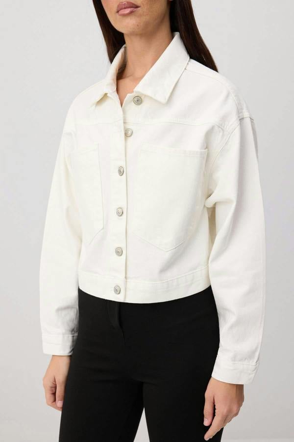 Collared Long Sleeve Crop Denim Jacket