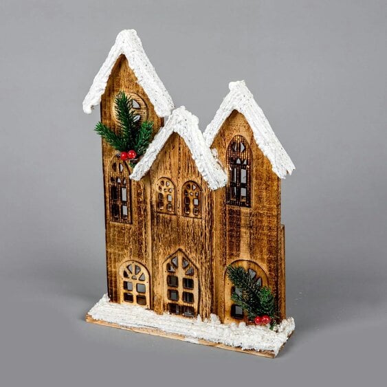 Shatchi 35cm Wooden Snow-Covered Cottage House with Warm White LED Lights for Indoor Christmas Display