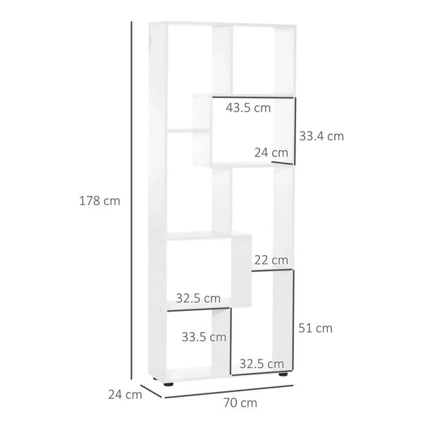 White tall 8-cube bookcase with labeled dimensions diagram and open storage cubbies.