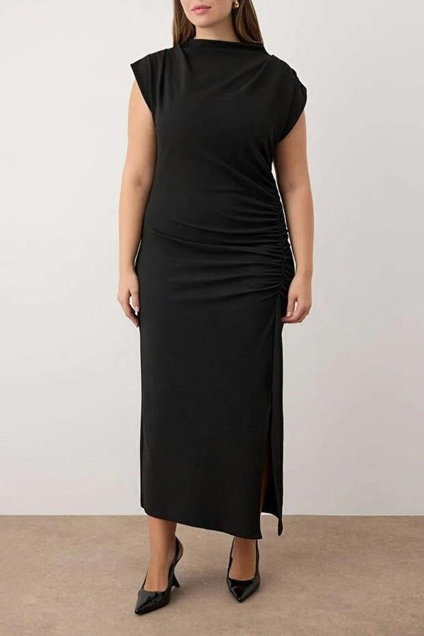 WOVCOR Midi Knit Dress with Gathering Detail