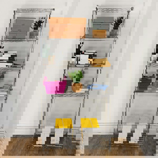 KuKoo Wire Racking unit in silver, featuring five shelves with various storage boxes, plants, and a vibrant pink basket on a wooden floor